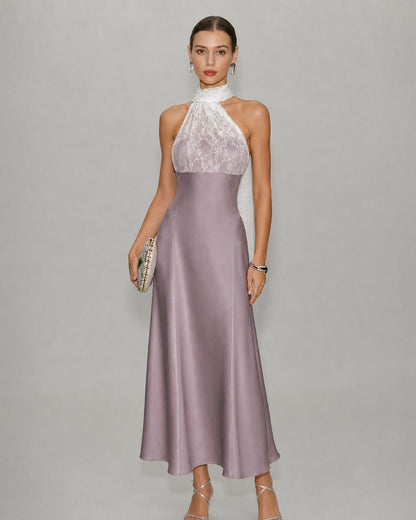 Pink One Shoulder Lace Splicing Maxi Dress