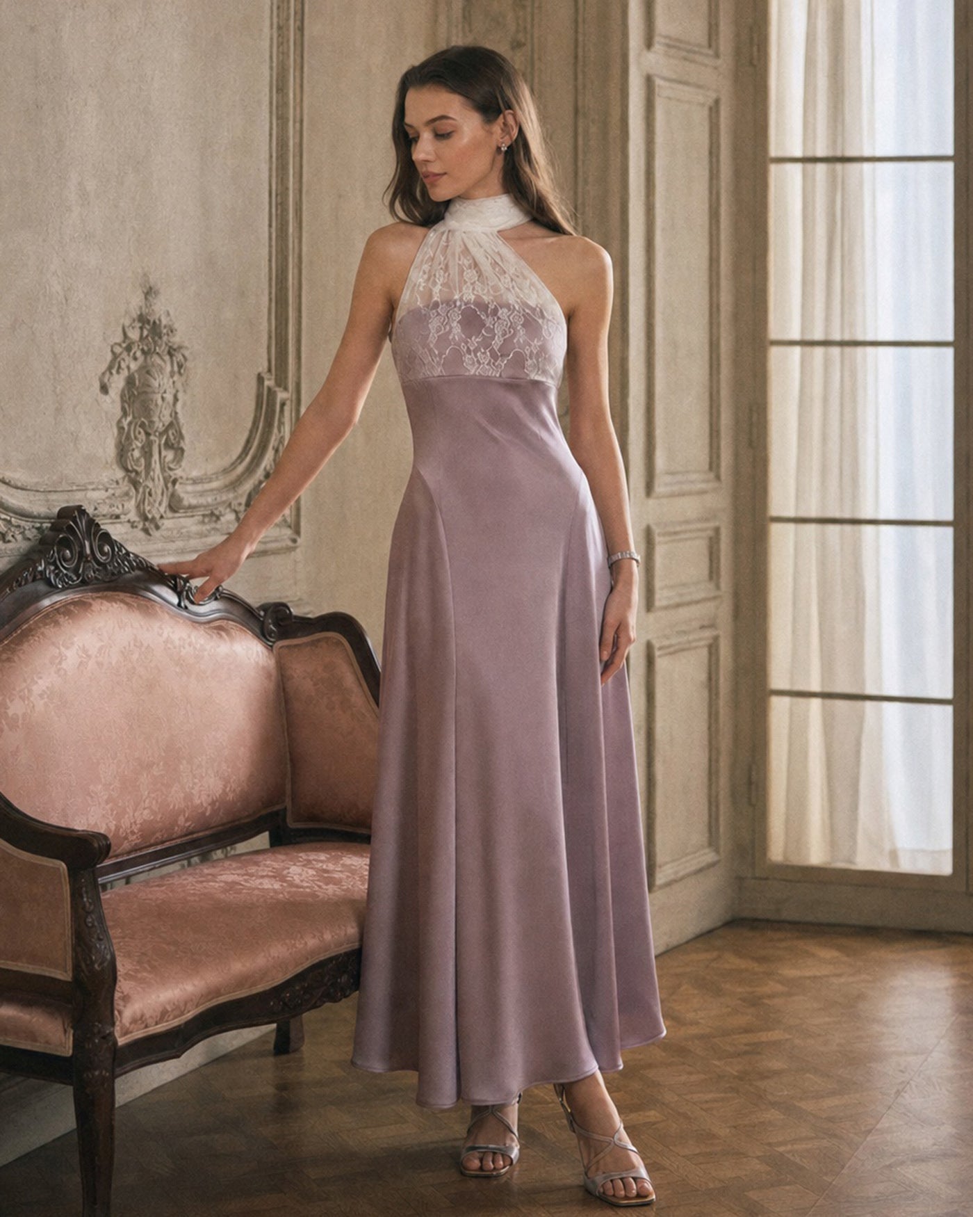 Pink One Shoulder Lace Splicing Maxi Dress