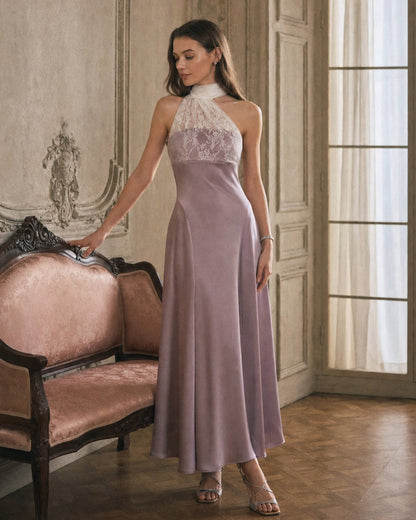 Pink One Shoulder Lace Splicing Maxi Dress