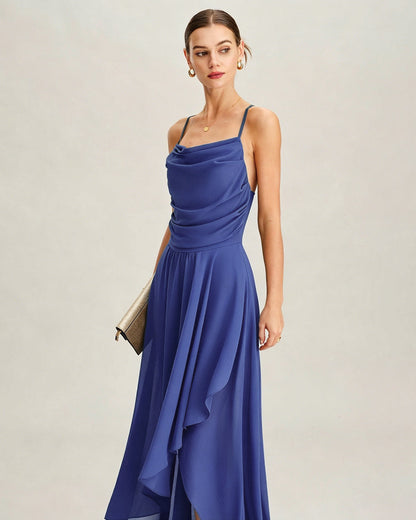 Blue Square Neck Slip Chiffon Maxi Dress