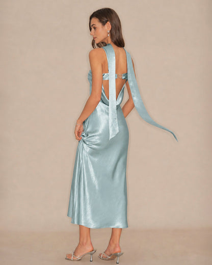 Green Flowy Mermaid Satin Maxi Dress