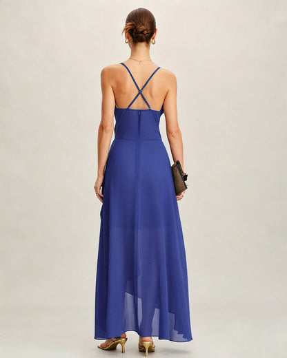 Blue Square Neck Slip Chiffon Maxi Dress