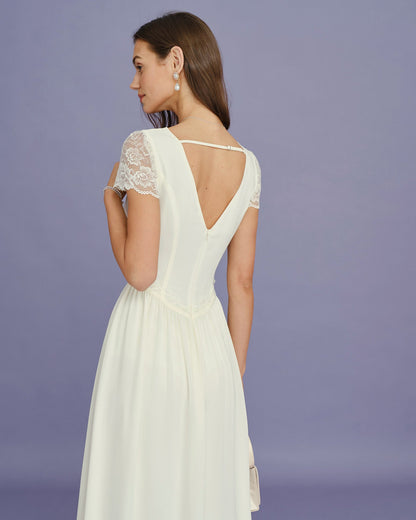 Apricot V Neck Lace Splicing Maxi Dress