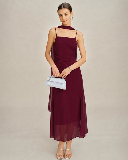 Wine Red Cowl Neck Tie Chiffon Maxi Dress