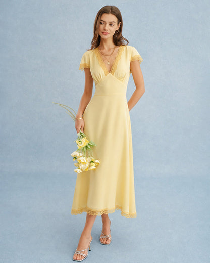 Yellow V Neck Lace Splicing Maxi Dress