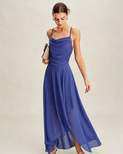 Blue Square Neck Slip Chiffon Maxi Dress