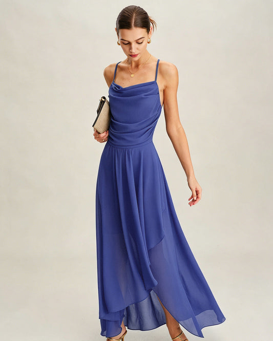 Blue Square Neck Slip Chiffon Maxi Dress
