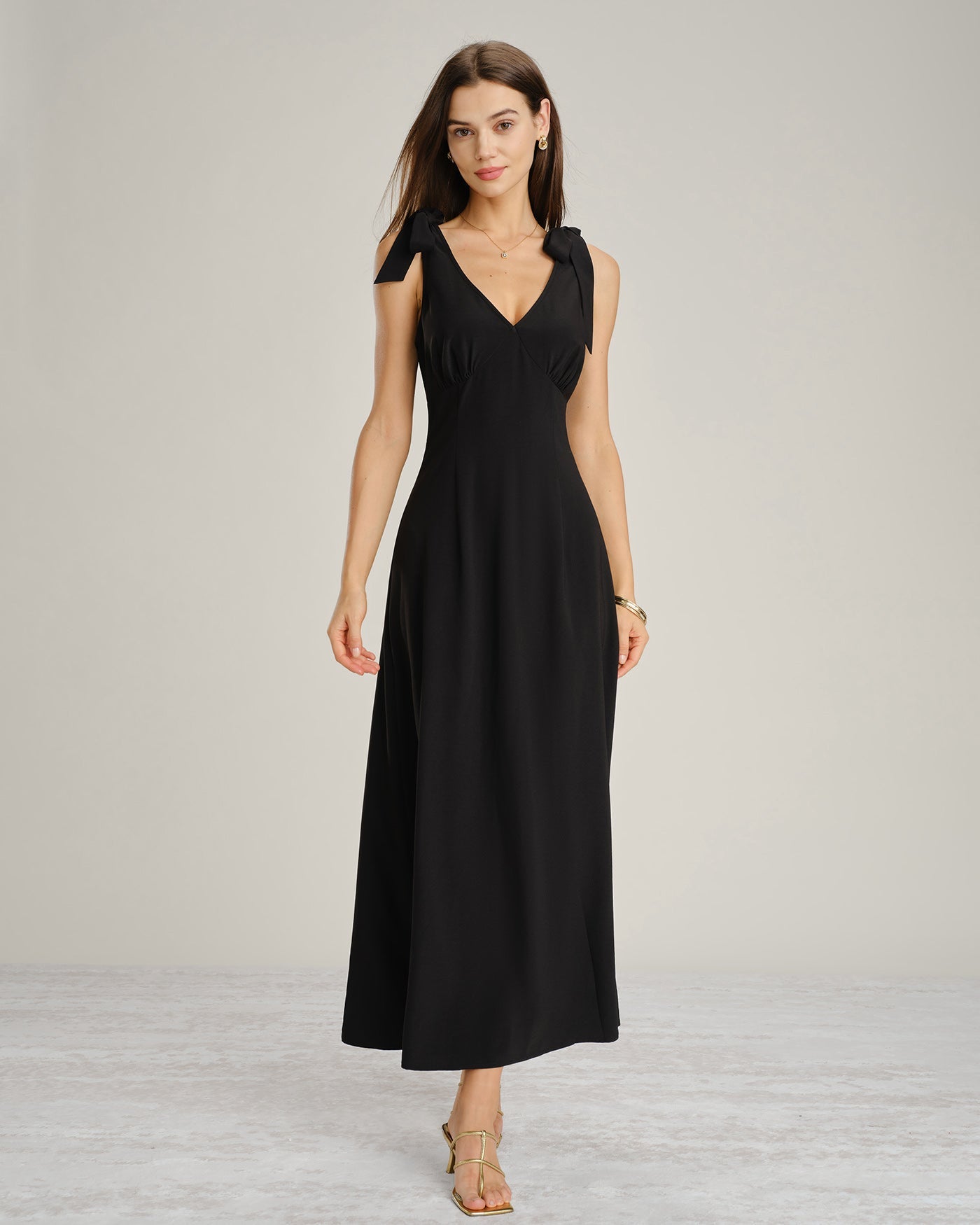 Black Solid Tie Strap A-Line Maxi Dress