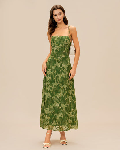 Green Floral X Cross Slip Maxi Dress