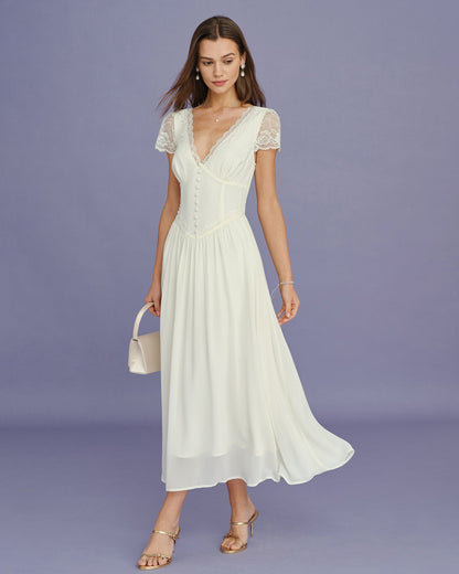 Apricot V Neck Lace Splicing Maxi Dress