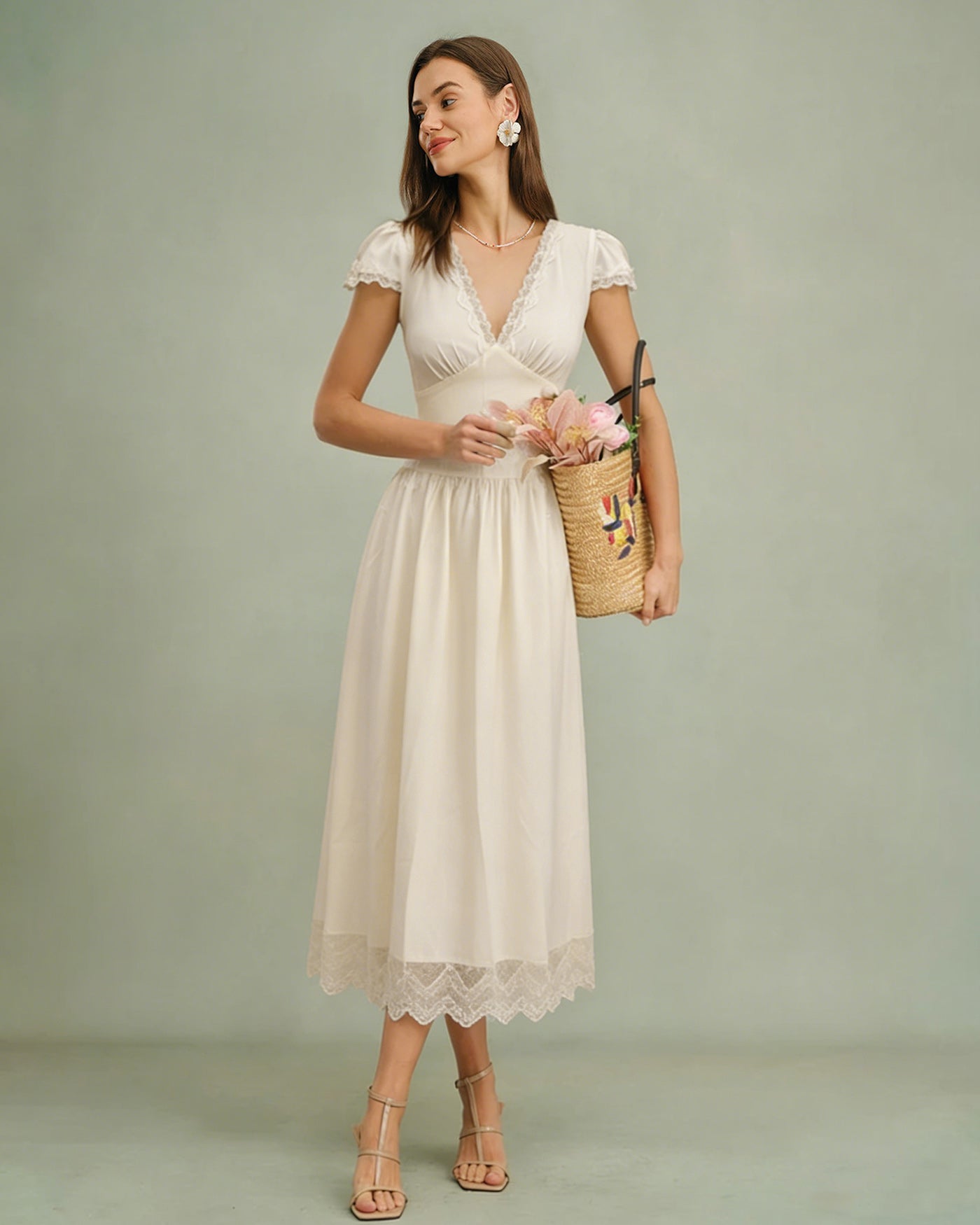 Apricot V Neck Lace Maxi Dress