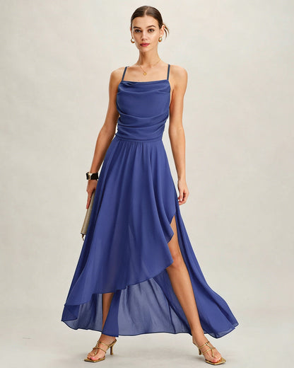 Blue Square Neck Slip Chiffon Maxi Dress