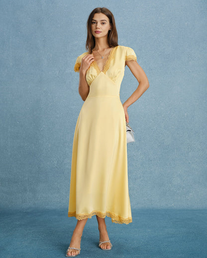 Yellow V Neck Lace Splicing Maxi Dress