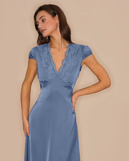 Blue V Neck Lace Tie Maxi Dress