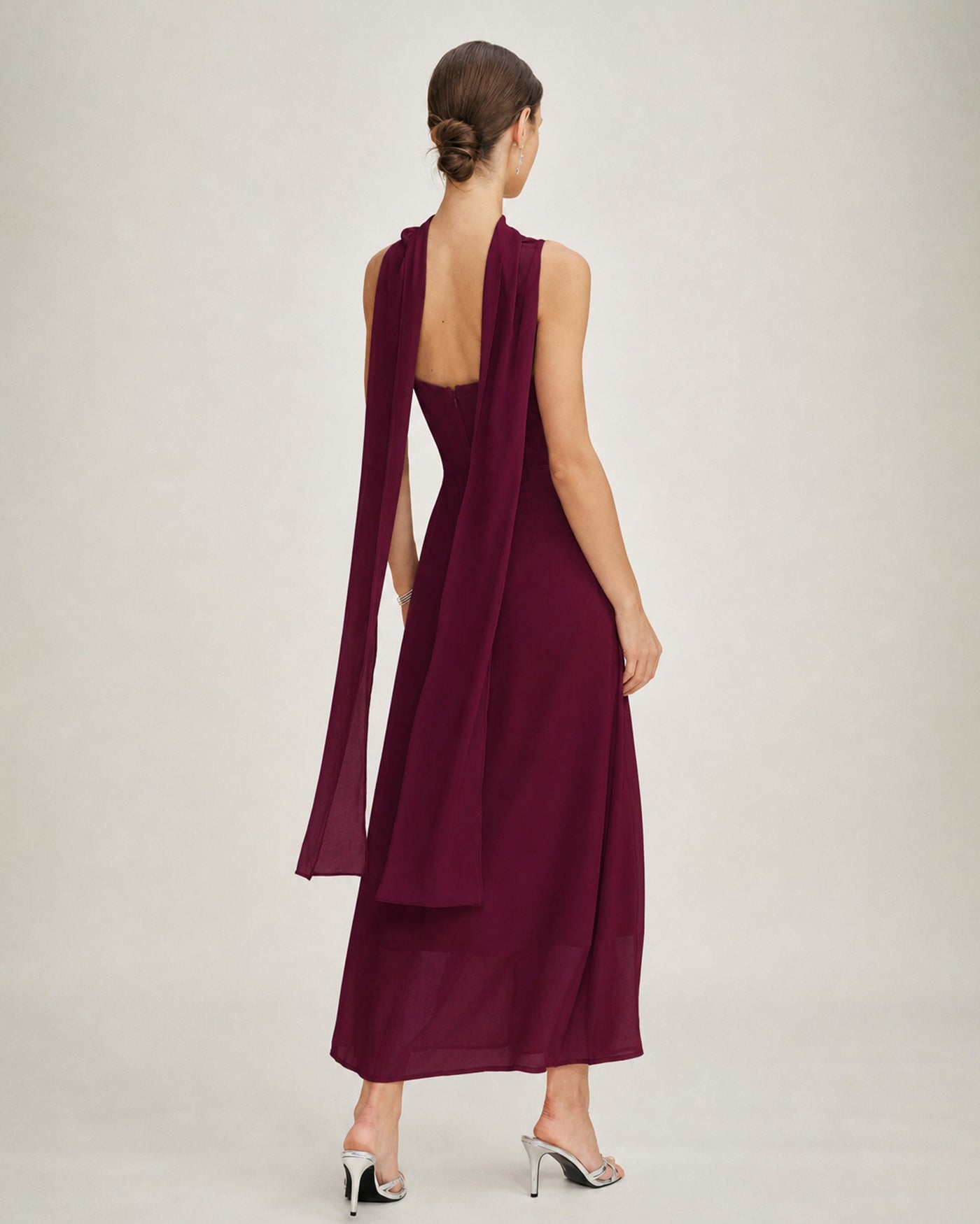 Wine Red Cowl Neck Tie Chiffon Maxi Dress
