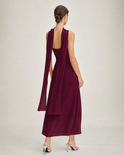 Wine Red Cowl Neck Tie Chiffon Maxi Dress