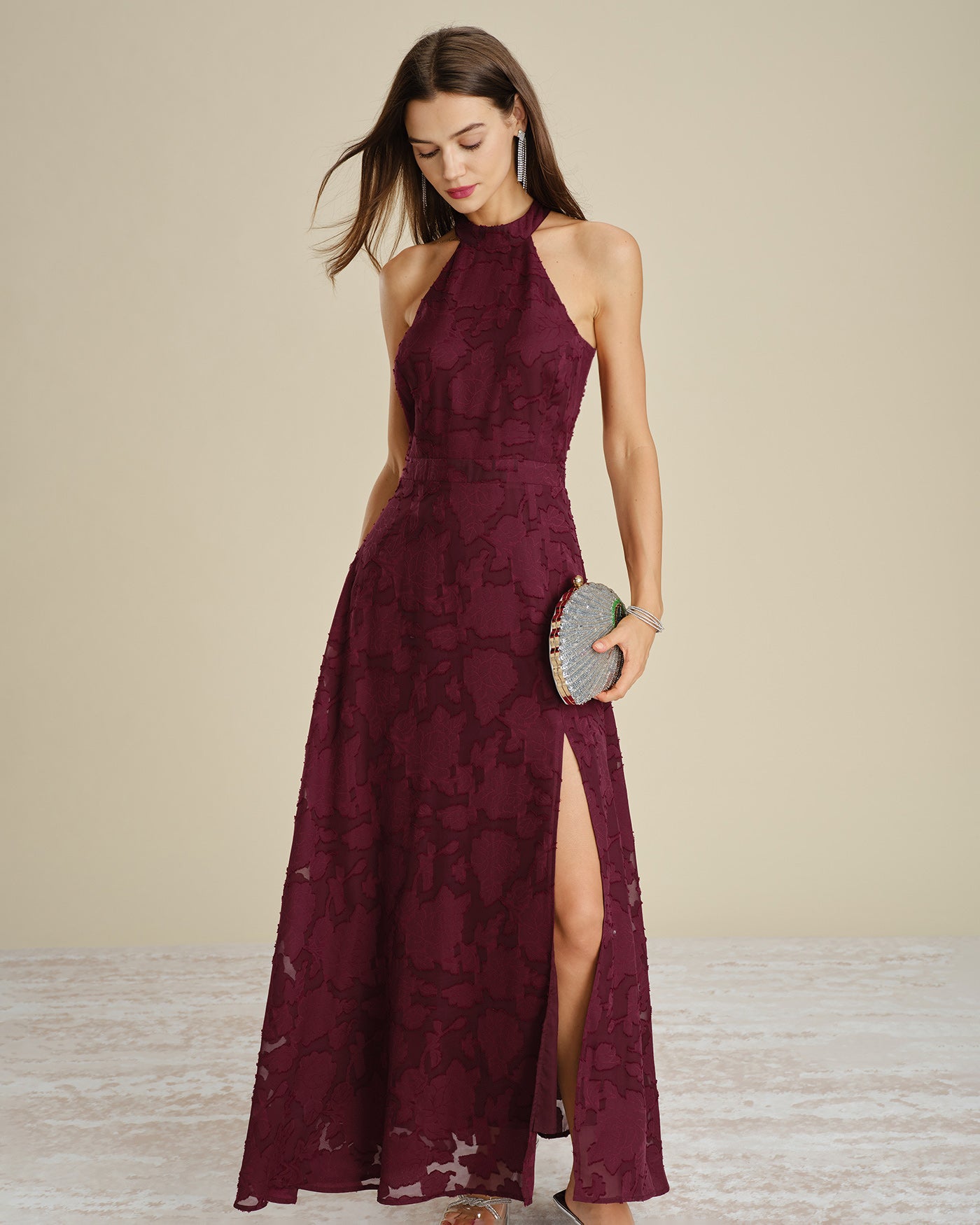 Wine Red Mock Neck Jacquard Maxi Dress