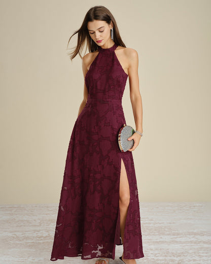 Wine Red Mock Neck Jacquard Maxi Dress