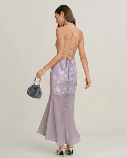 Purple Sequins Jacquard Slip Maxi Dress