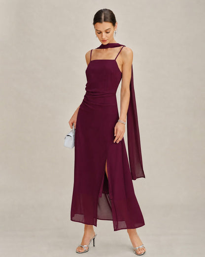 Wine Red Cowl Neck Tie Chiffon Maxi Dress