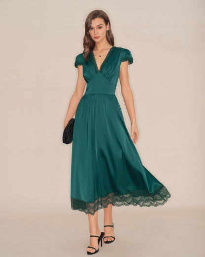 Green V Neck Lace Maxi Dress