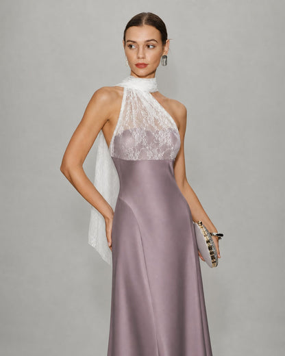 Pink One Shoulder Lace Splicing Maxi Dress