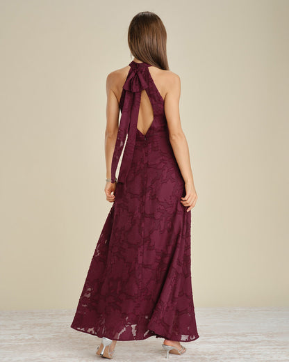 Wine Red Mock Neck Jacquard Maxi Dress