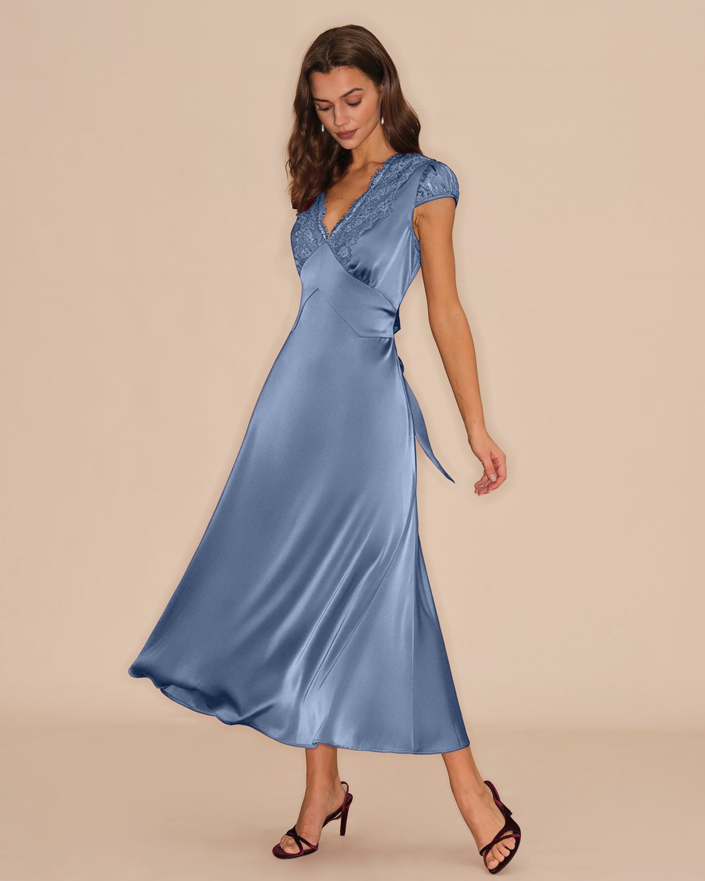 Blue V Neck Lace Tie Maxi Dress
