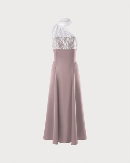 Pink One Shoulder Lace Splicing Maxi Dress