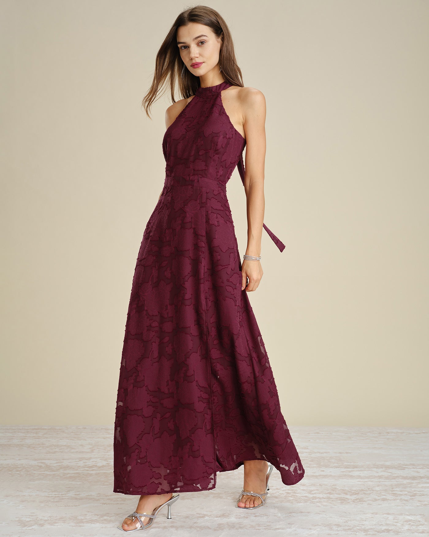 Wine Red Mock Neck Jacquard Maxi Dress