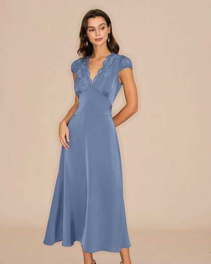 Blue V Neck Lace Tie Maxi Dress
