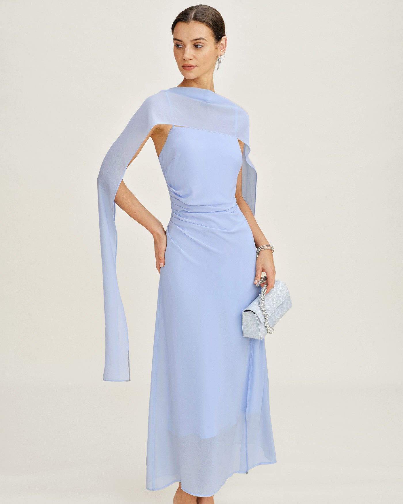 Blue Cowl Neck Strap Chiffon Maxi Dress