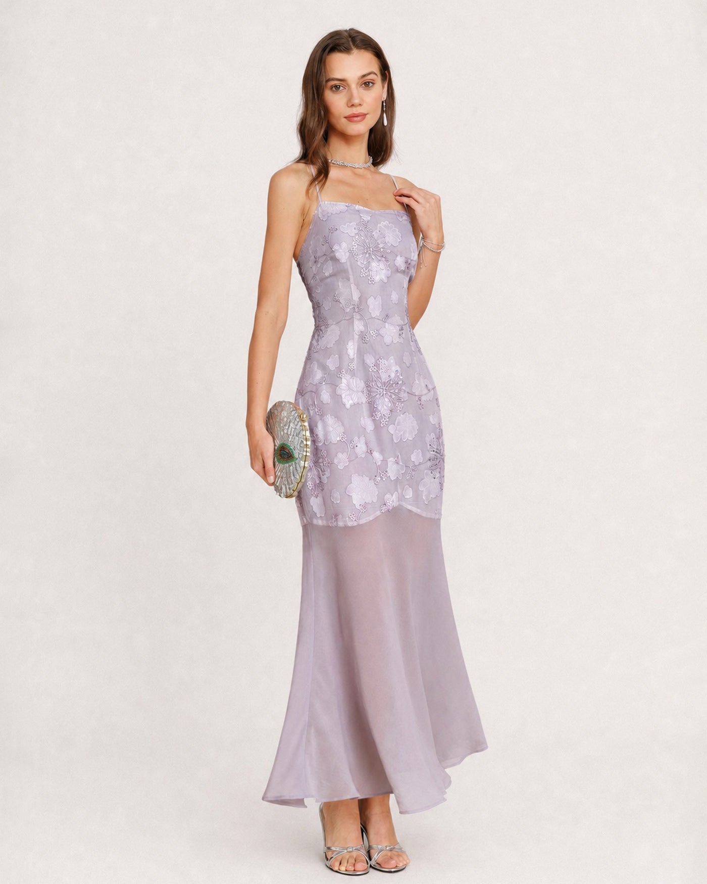 Purple Sequins Jacquard Slip Maxi Dress