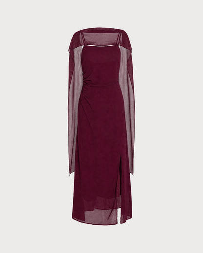 Wine Red Cowl Neck Tie Chiffon Maxi Dress