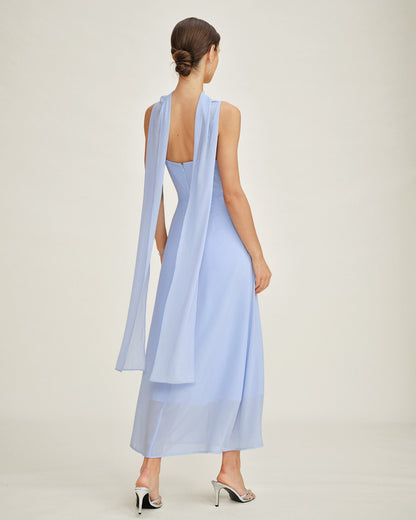 Blue Cowl Neck Strap Chiffon Maxi Dress