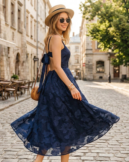 Navy Jacquard Slip Maxi Dress