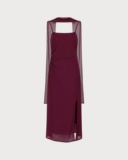 Wine Red Cowl Neck Tie Chiffon Maxi Dress
