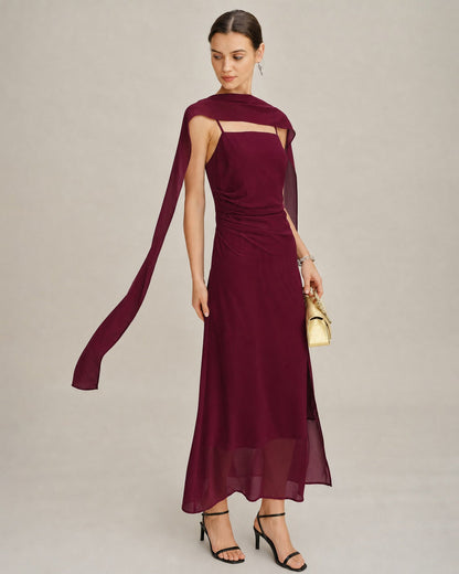Wine Red Cowl Neck Tie Chiffon Maxi Dress