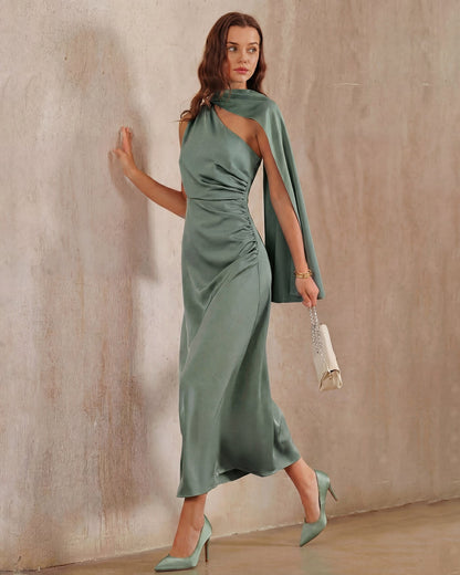 Green Satin One Shoulder Maxi Dress