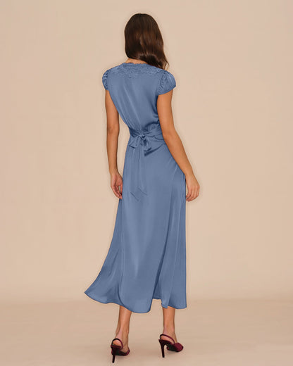 Blue V Neck Lace Tie Maxi Dress