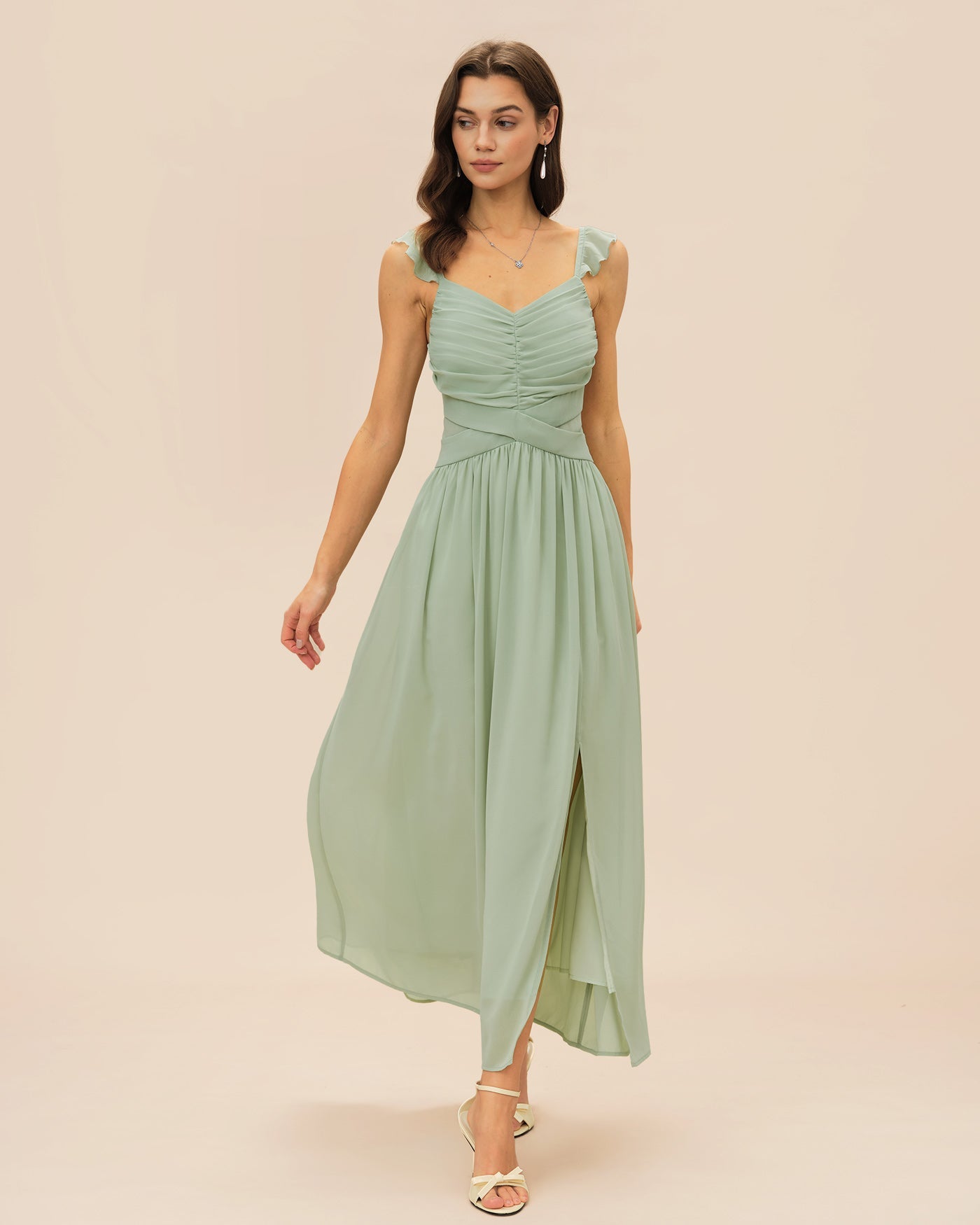 Green V Neck Ruffle Tie Maxi Dress