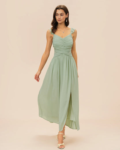 Green V Neck Ruffle Tie Maxi Dress