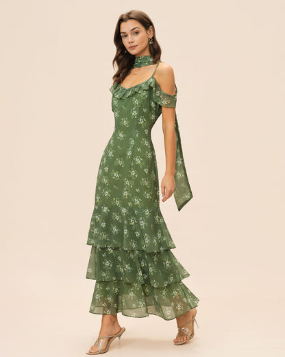 Women's Woven Polyester Maxi Dress Green Dresses - RIHOAS