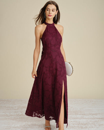Women's Woven Polyester Maxi Dress Wine Red Dresses - RIHOAS