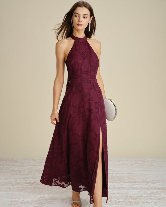 Women's Woven Polyester Maxi Dress Wine Red Dresses - RIHOAS