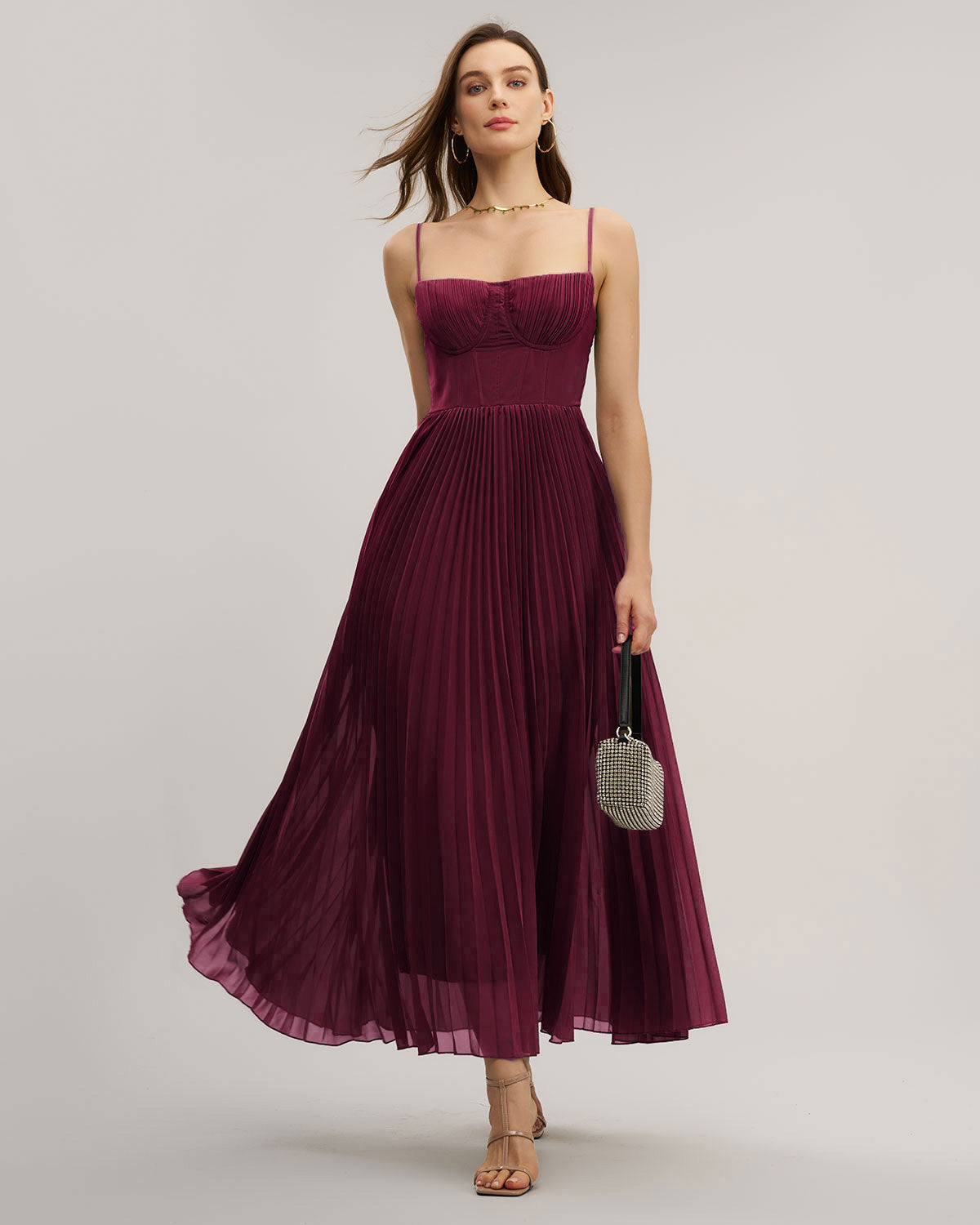 Women's Woven Polyester Maxi Dress Wine Red Dresses - RIHOAS
