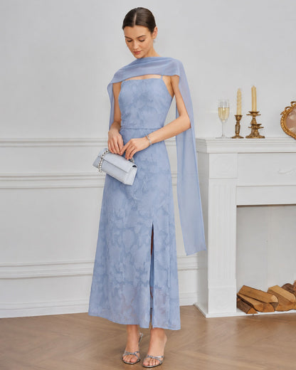 Blue Square Neck Jacquard Slit Maxi Dress