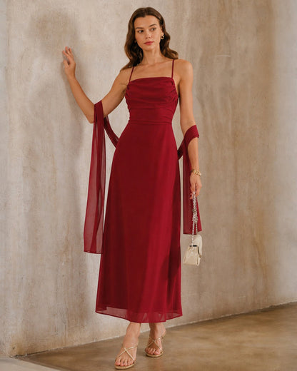 Red Backless Slit Chiffon Maxi Dress