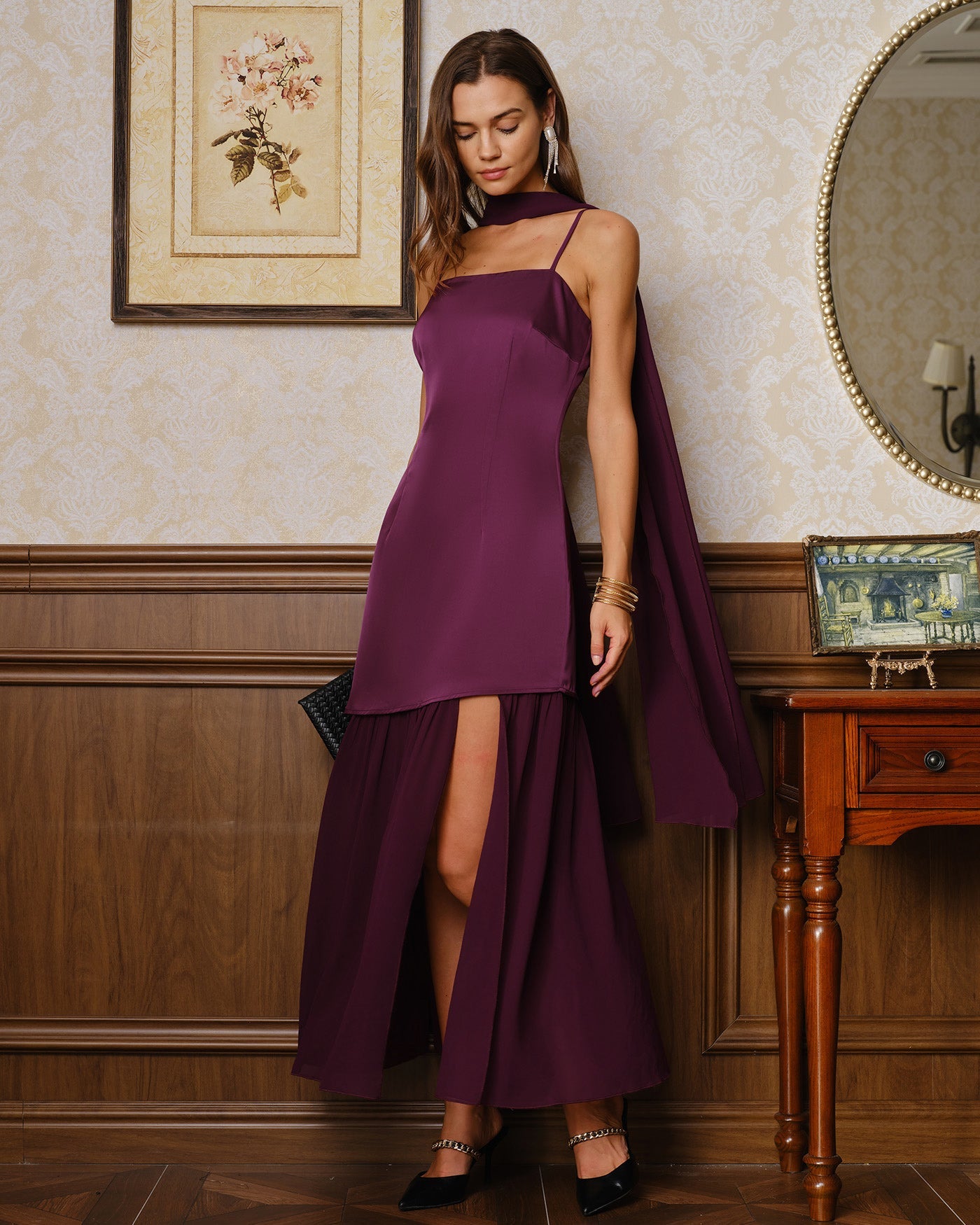 Purple Square Neck Splicing Maxi Dress