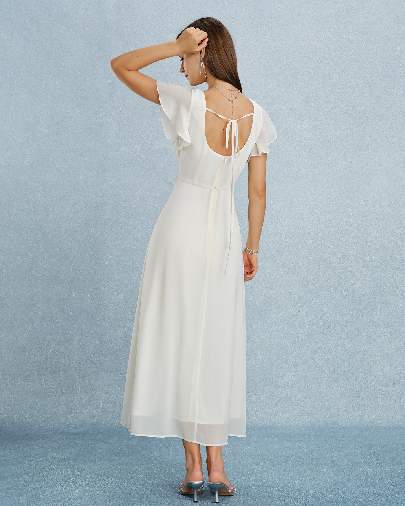 Beige Square Neck Slit Chiffon Maxi Dress